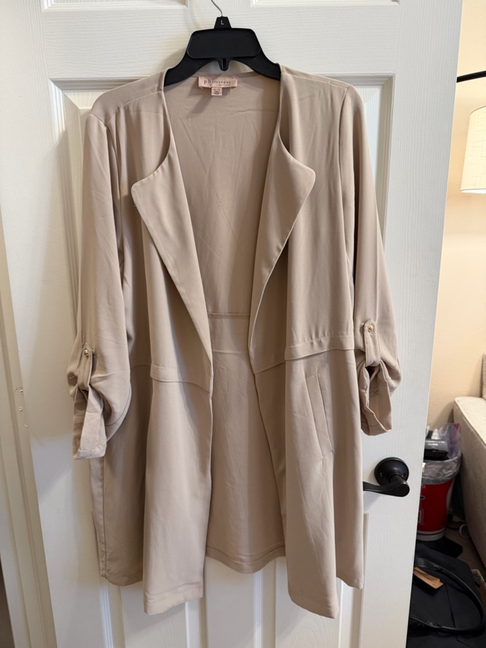 Philosophy Light Beige Open-Front Trench Duster